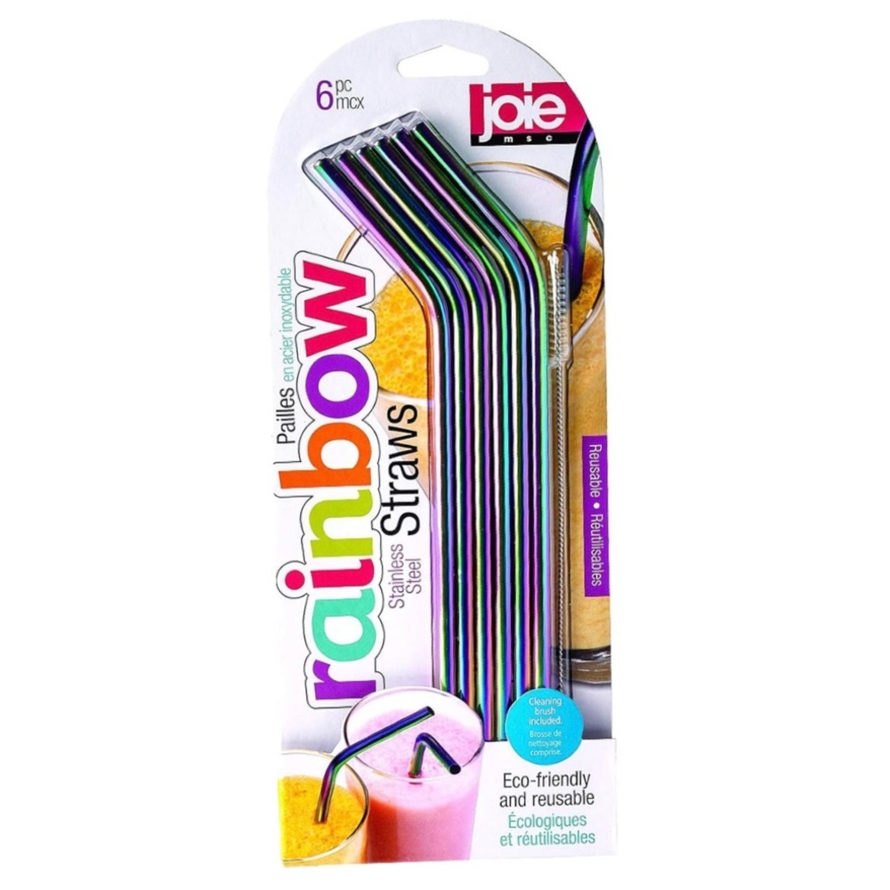 Joie Vibrant Rainbow Stainless Steel Straws, [6 Straws + Cleaning Brush] New